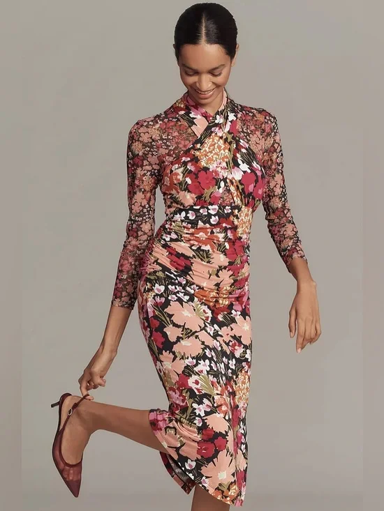 Anthropologie | Long-Sleeve Halter Mesh Midi Dress | Size XL | NWT - Picture 1 of 15